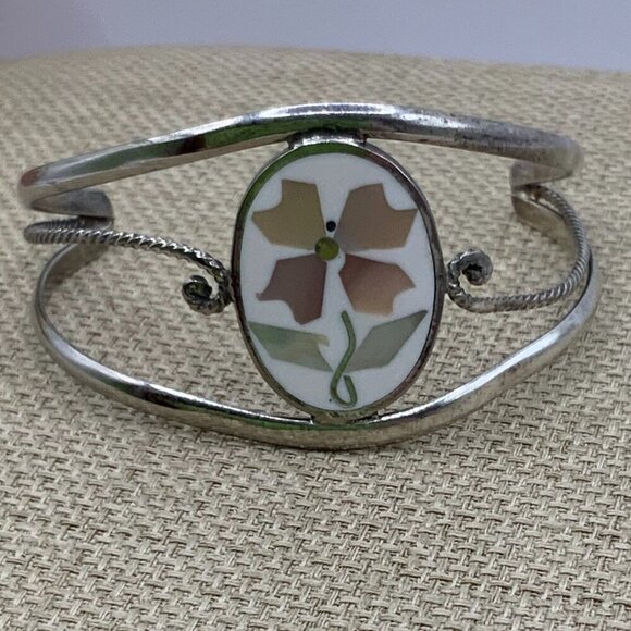 Alpaca Mexico Silver Abalone Flower Inlay Cuff Bracelet - Picture 1 of 9